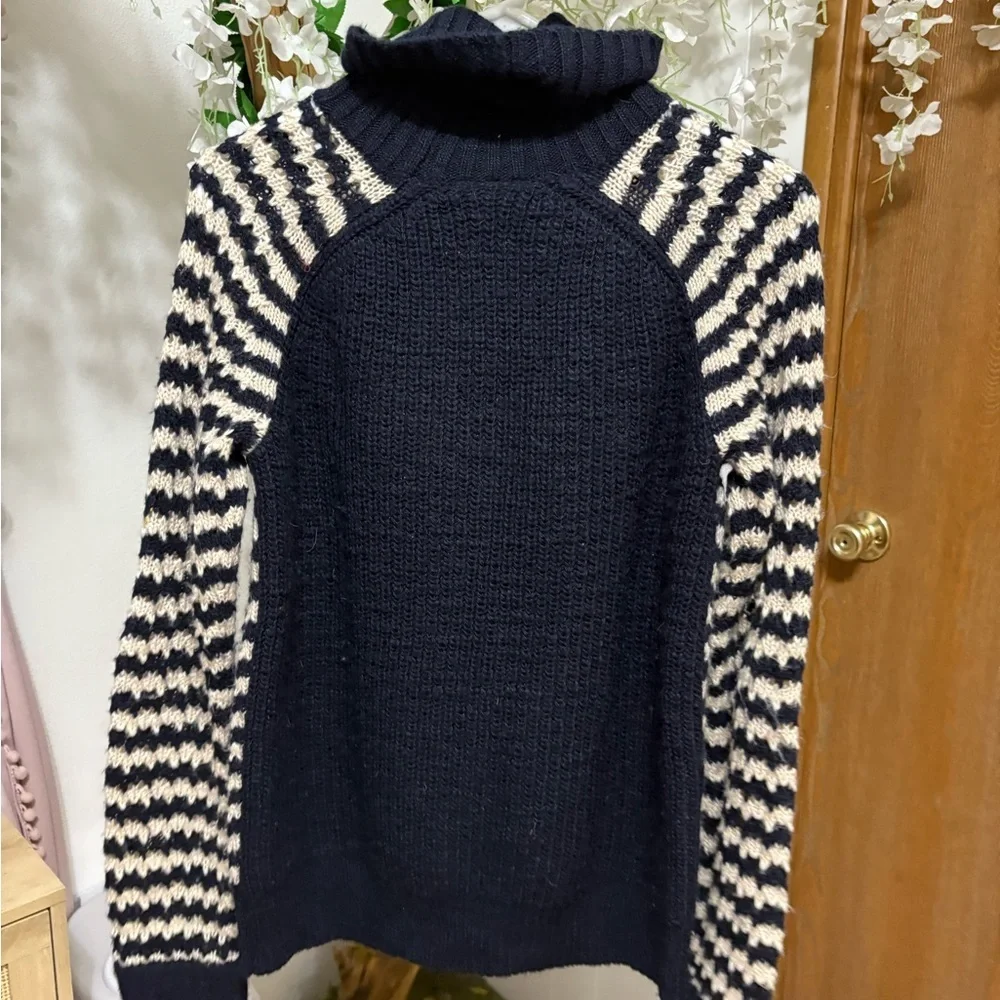 Tory Burch Carey Navy and Cream Striped Turtleneck Sweater